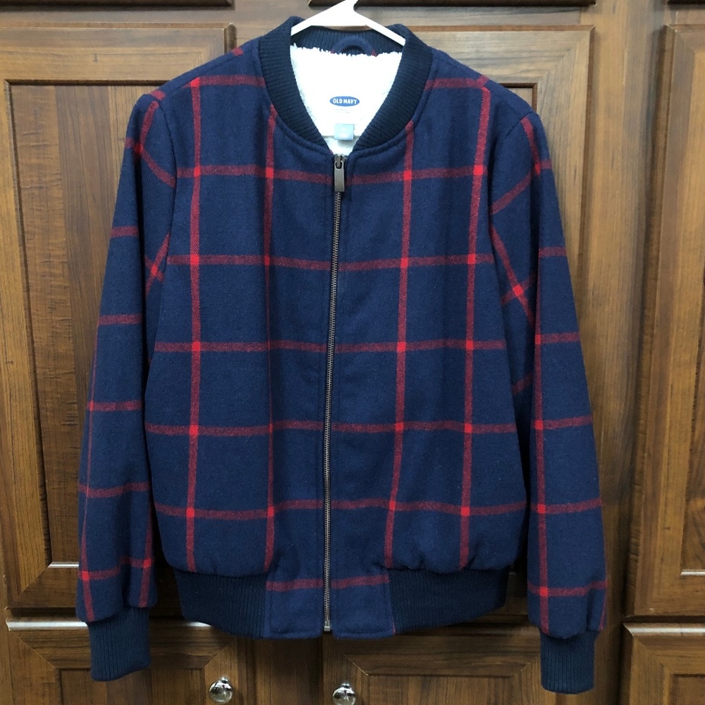 Old Navy Navy Blue and Red Plaid Bomber Jacket